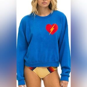 Aviator Nation Adventure Blue Bolt Heart Relaxed Crew Sweatshirt- Medium